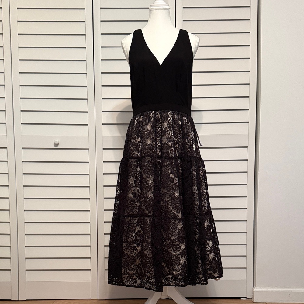 Xscape Black and Lace Midi Dress